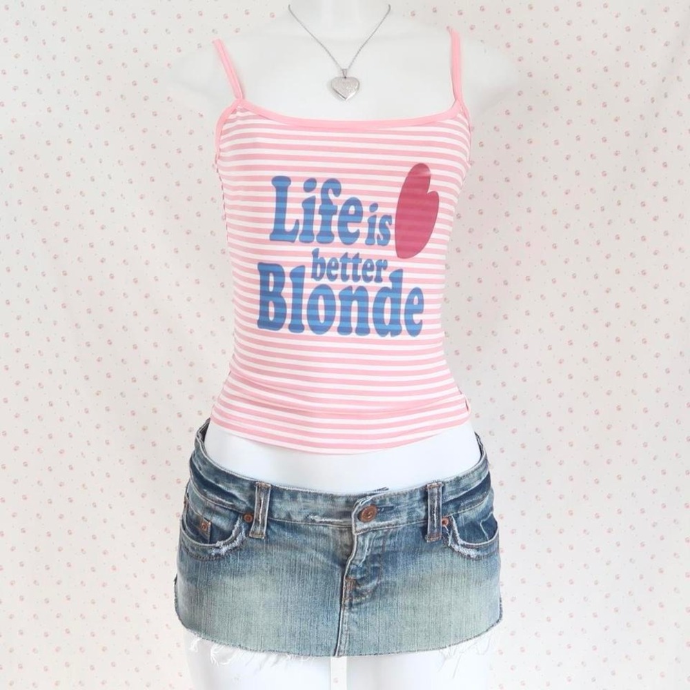 Y2K Pink & White Striped "Life is Better Blonde" Camisole Tank Top